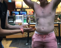Shirtless pink shorts pizza slap