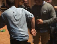 Blue Shirt Elbow Drops Wooden Circle Table