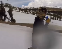 Beer hand off snowboard jump fail