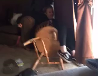 Blue Sweater Jumps Wooden Chair Breaks