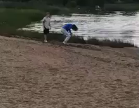 Dizzy Bat Blue Sweater Woman Falls Into Lake
