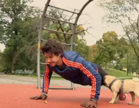 Pug Stands On Back of Man Doing Pushups