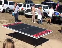 White Shirt Slam Dunks Beer Pong Table Outside