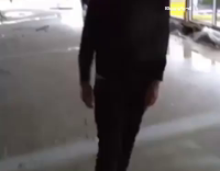 guy runs towards door and breaks it but falls down a floor