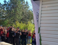 Grey Pants Elbow Drops Into Crowded Table