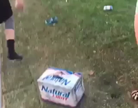 Shirtless Jean Shorts Guy on Flag Pole Drinking Beer