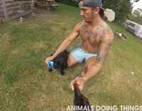 Black Lab Puppy Punctures Can of Beer With Teeth and Shirtless Guy Drinks it