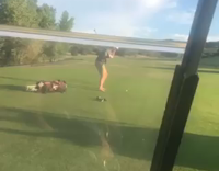 Shoeless Golfer is Hit From Behind by Friend in Golf Cart Falls Backwards Into Cart