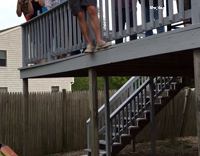Barefoot Guy Jumps Off Wood Balcony Onto Pool Table