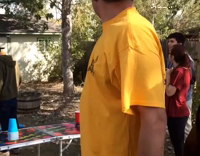 Yellow shirt straw hat f the bills table break