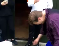 guy dives into foam bucket and breaks it