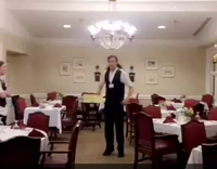 Waiter kid bangs head on restaurant door