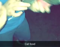 guy eating cat food in front of crowd 