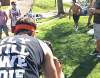 RKO Into Wooden Door On Chairs On Lawn